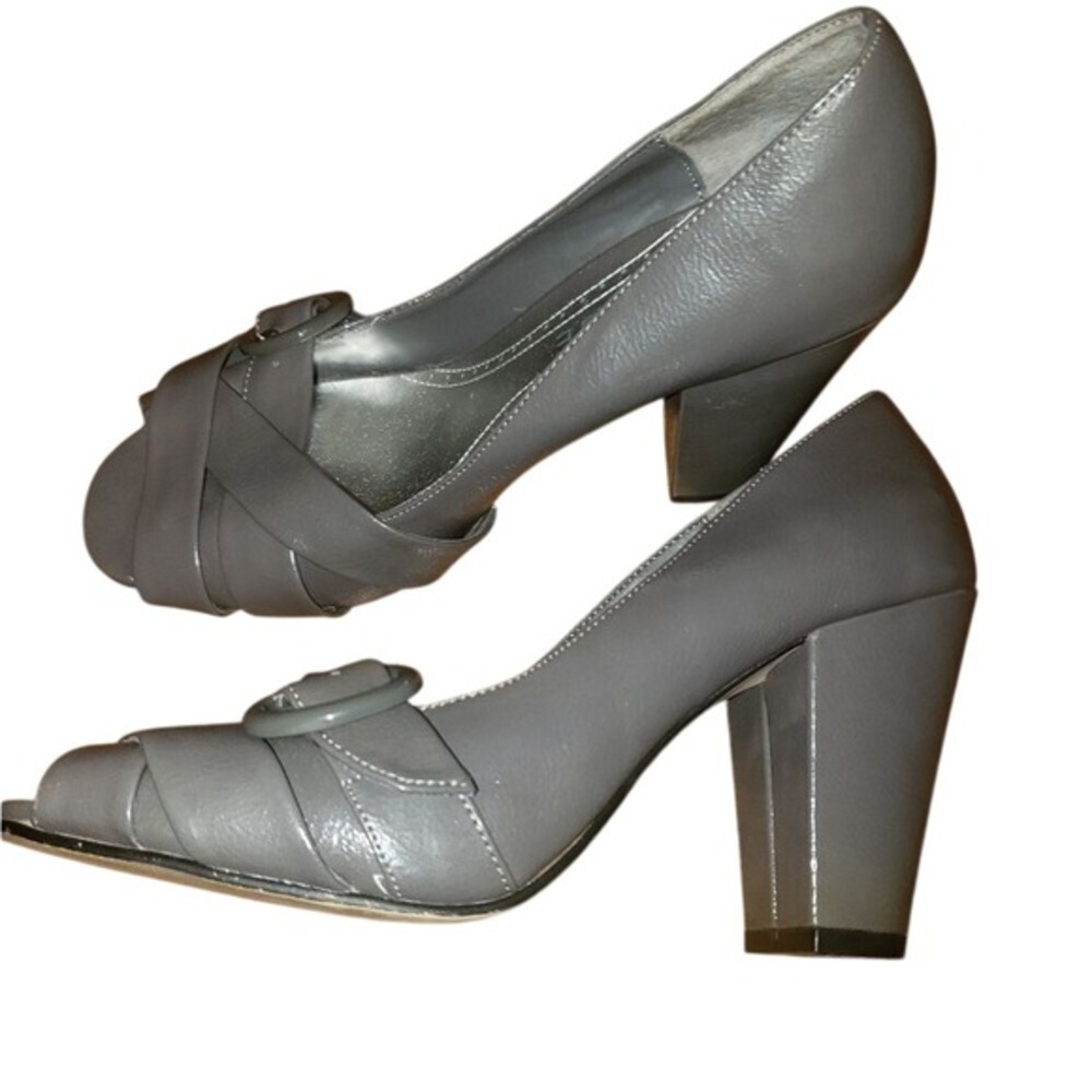 Rampage Womens Sz 8 Gray Peep Toe Chunky Retro‎ Style Emmy 4″ Block Heel